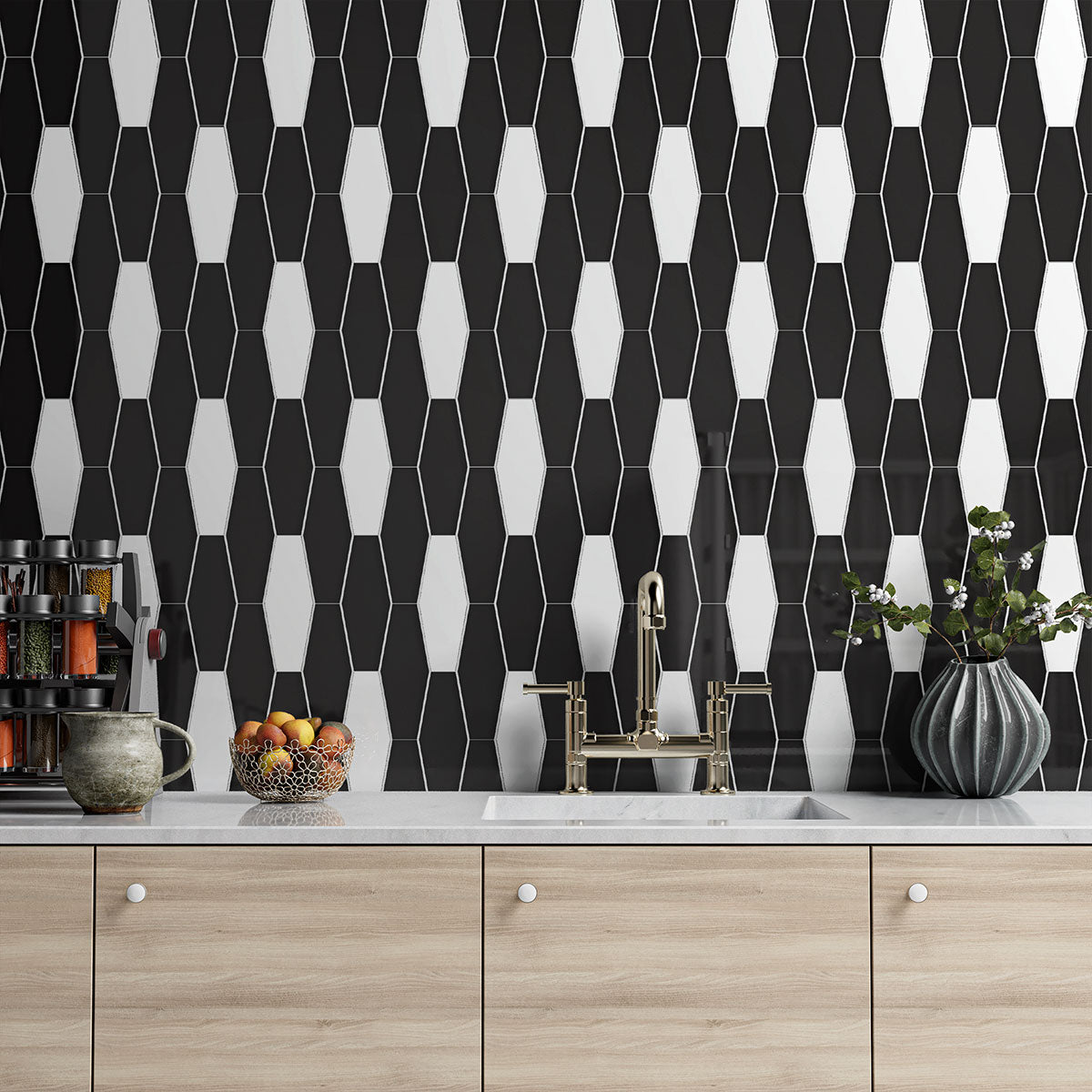 Black Glossy Longest Hexagon Ceramic Tile 3×7 7/8 (DC00358) Royal White Glossy Longest Hexagon Ceramic Tile 3×7 7/8 (DC00117)
