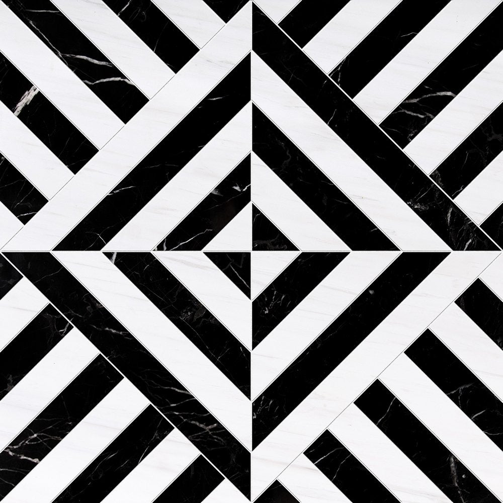 Black, Snow White Honed Ponte Marble Mosaic 14 5/16×14 5/16 Image