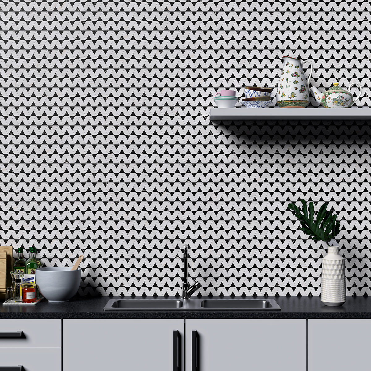Black, Snow White Honed Monte Marble Mosaic 12 3/8×12 3/8 (MS01929)