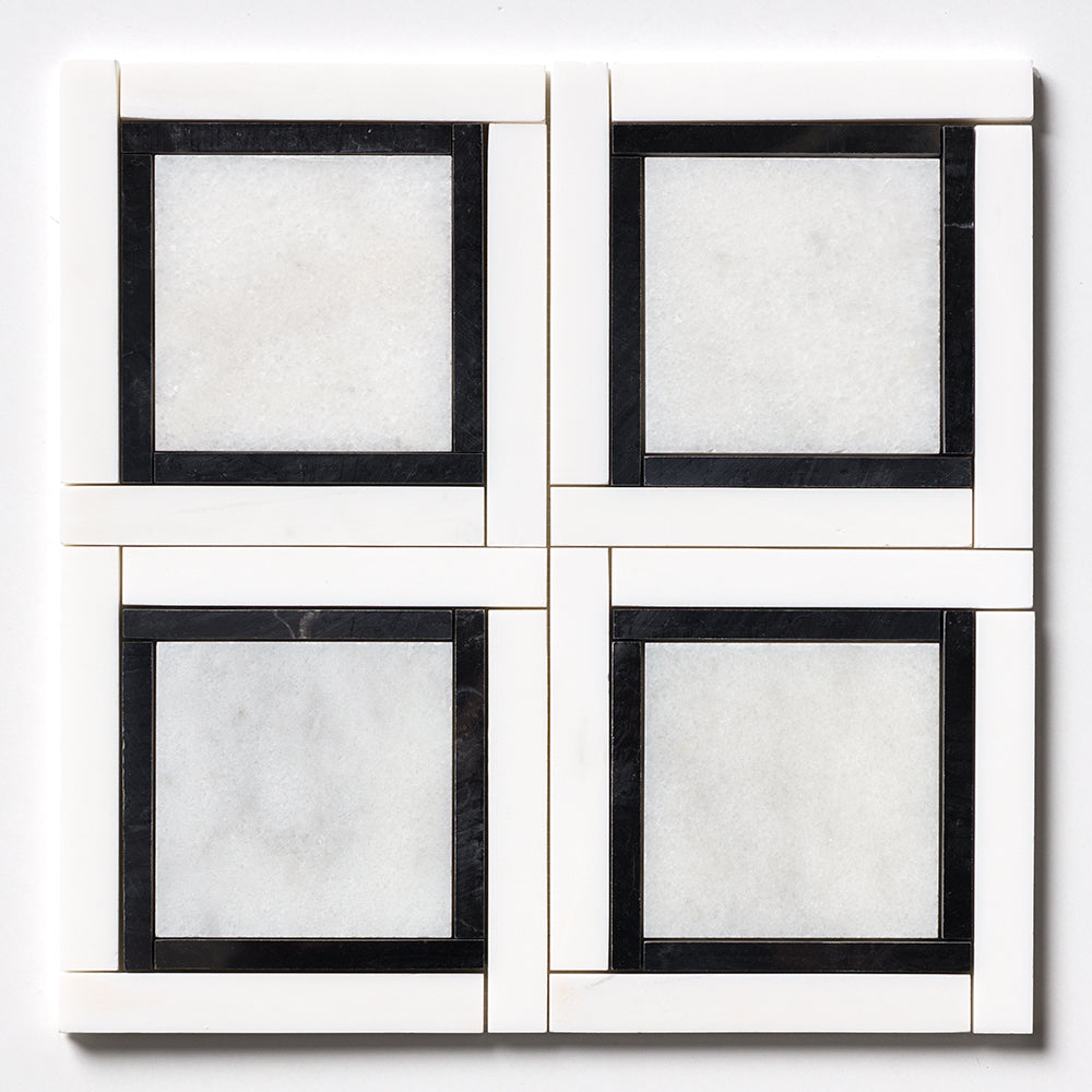 Glacier, Black, Snow White Multi Finish Cambridge Marble Mosaic 12 7/8Γ12 7/8 Image