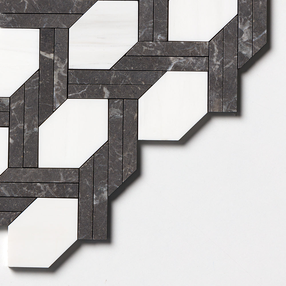 Iris Black, Snow White Honed Braided Hexagon Marble Mosaics 9 11/16×16 7/16 (MS02004)