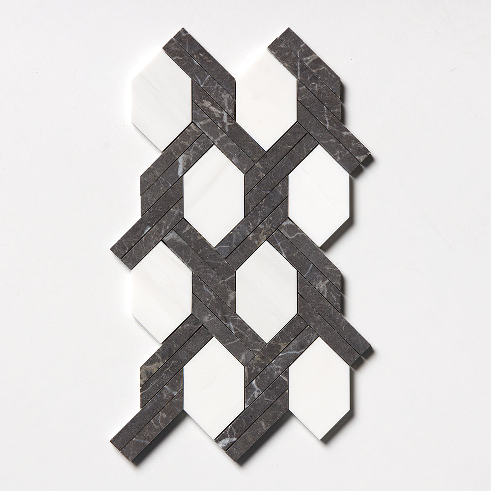 Iris Black, Snow White Honed Braided Hexagon Marble Mosaic 9 11/16×16 7/16 Image