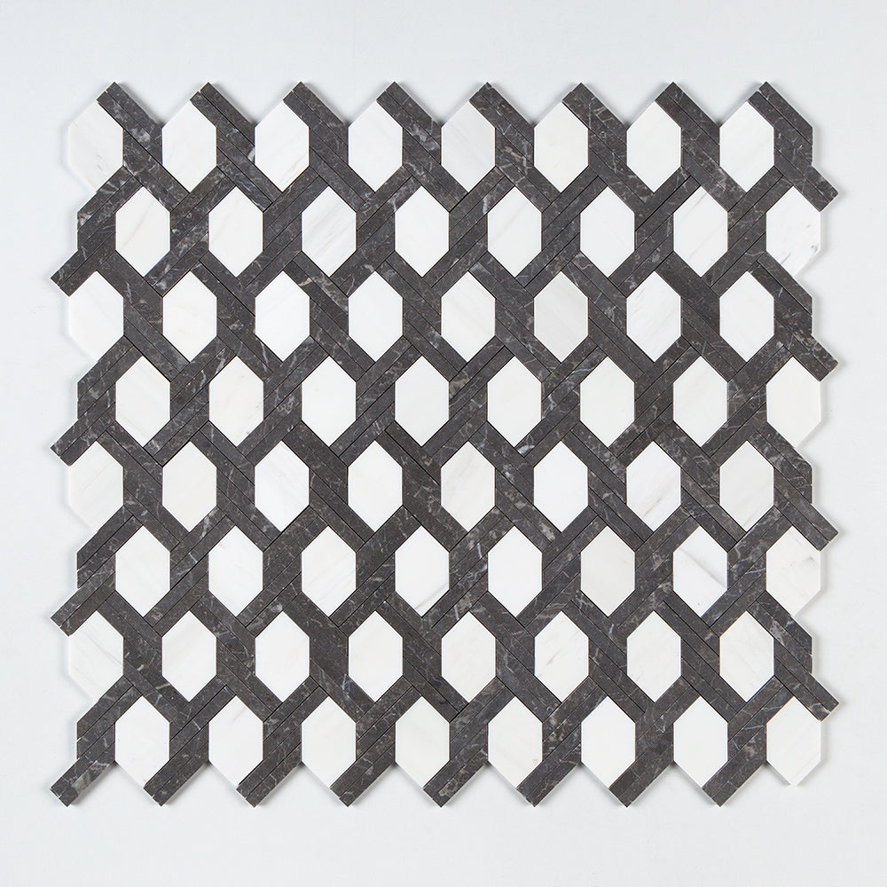Marble Systems Studio Mosaic Tile Iris Black Snow White matte marble tile pattern swatch — available at Surface Group