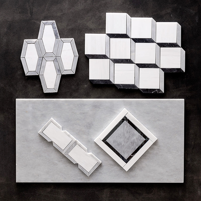 Marble Systems Studio Mosaic Tile Snow White Black Allure glossy marble tile pattern design — available at Surface Group