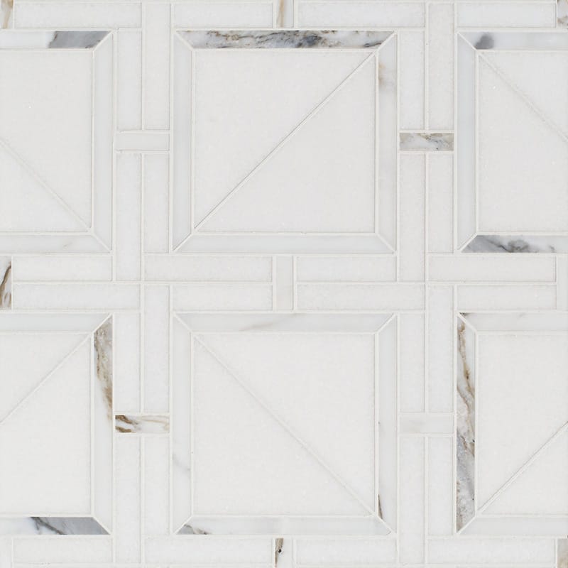 Marble Systems Studio Mosaic Tile Thassos White Calacatta Gold matte marble tile pattern swatch β available at Surface Group