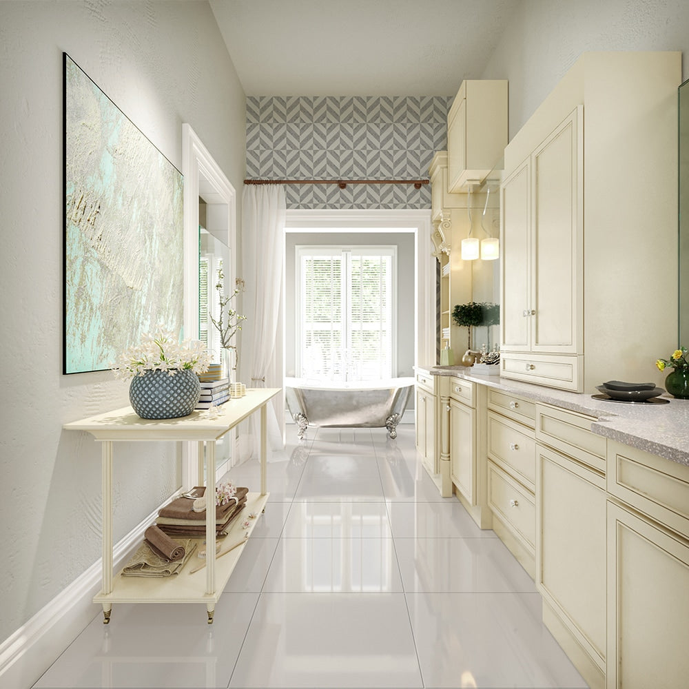 Thassos White, White Carrara Multi Finish Marina Chevron Marble Mosaic 8Γ8 1/16 (MS90291) Thassos White Polished Marble Tile 24Γ24 (TL90725)