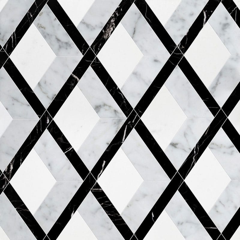Marble Systems Talya Decorative Marble White Carrara Black Thassos White multi finish tile pattern swatch — available at