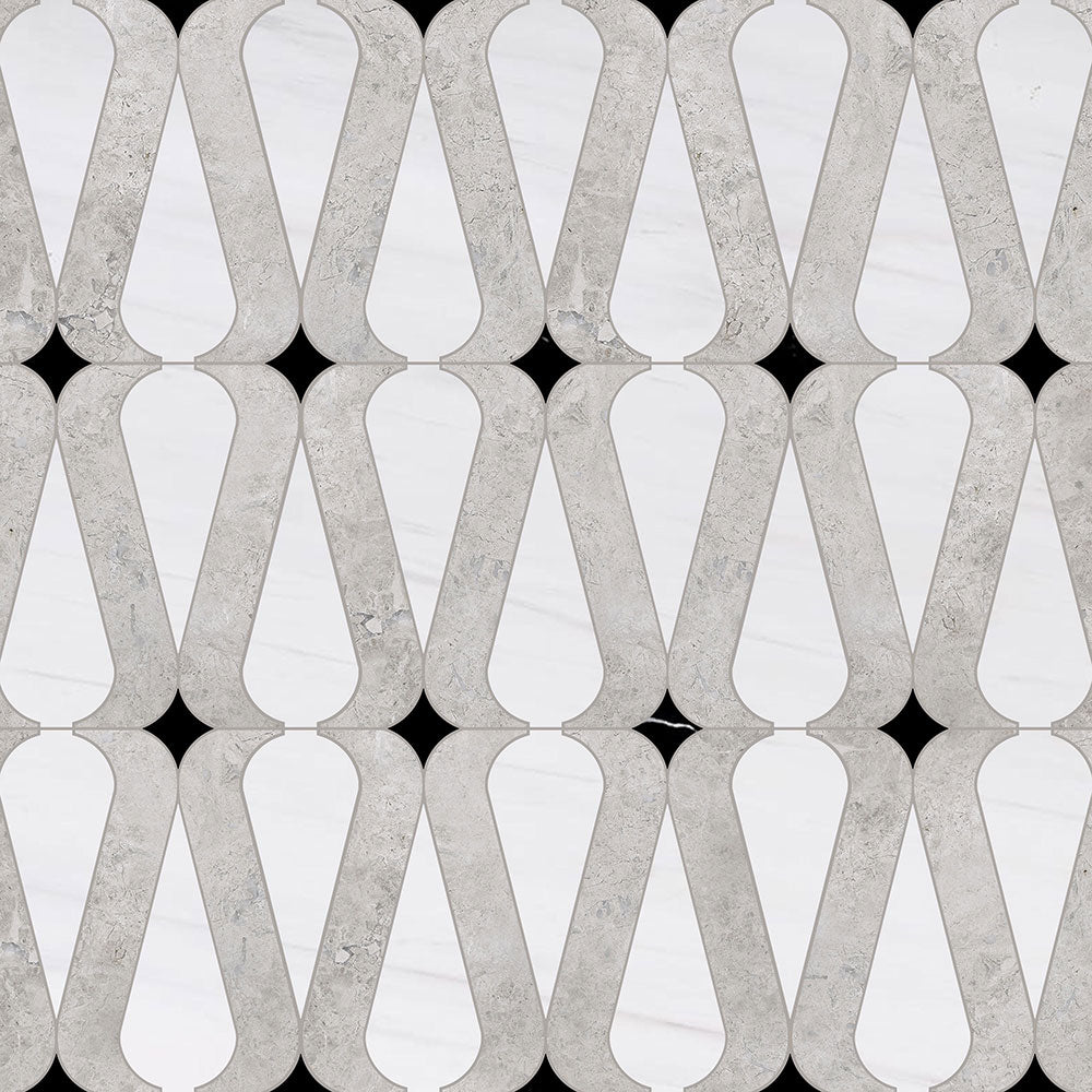 Marble Systems Taos Silver Clouds Snow White Black multi finish marble tile pattern swatch — available at Surface Group