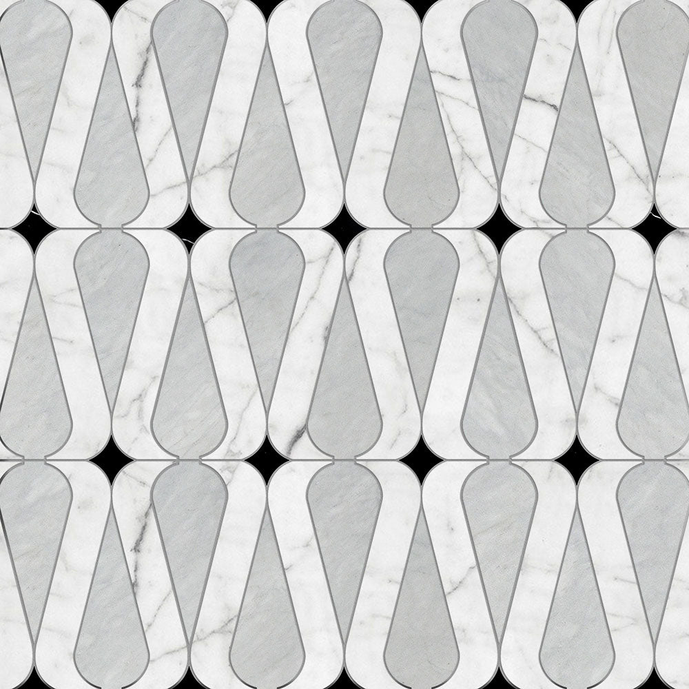 Marble Systems Taos White Carrara Avenza Black multi finish marble tile pattern swatch — available at Surface Group