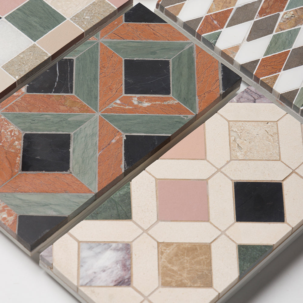 Verde Capri, Red Laguna, Black Honed Ella Marble Mosaics 11 5/16×11 5/16 (MS02083) Snow White, Bosphorus, Red Laguna, Yello Honed Hazem Marble Mosaics 8 3/4×10 1/2 (MS02086) Blend Honed San Tropez Marble Mosaics 12×12 (MS02197) Blend Honed Louna Marble Mosaics 12 1/2×12 1/2 (MS02195)