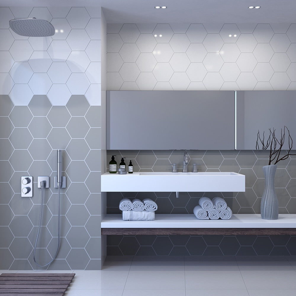 White Matte Hexagon Ceramic Tile 8 1/4 (WVT00183) Dark Gray Matte Hexagon Ceramic Tile 8 1/4 (WVT00185) Thassos White Extra Polished Marble Tile 18×18 (TL90864)