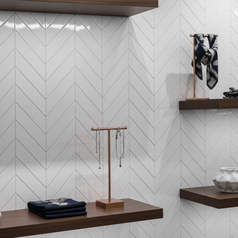 Tulum White Glossy Chevron Ceramic Tiles 2×6 (WST36164)