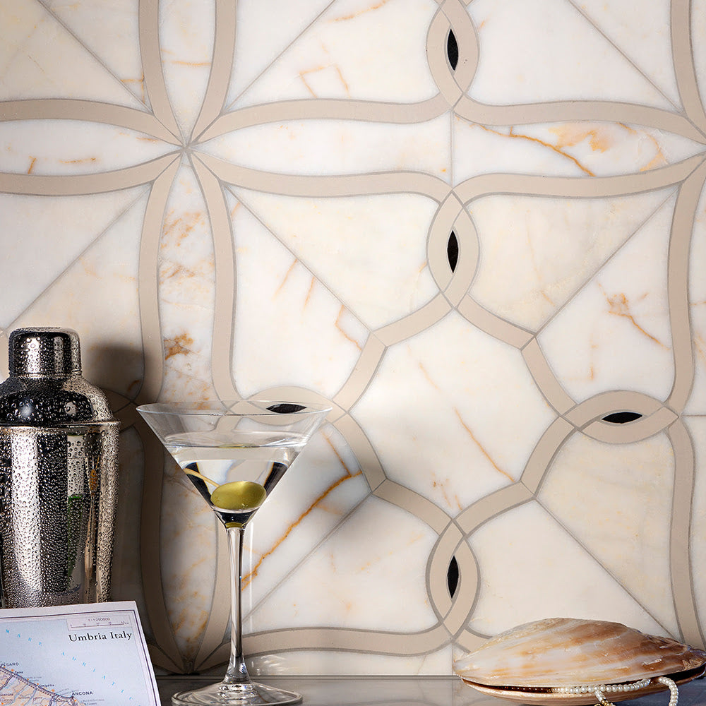 Valentin Calacatta Amber, Black, J13 Polished Marble Waterjet Decos 14 5/16Γ14 5/16 (WUM09004)