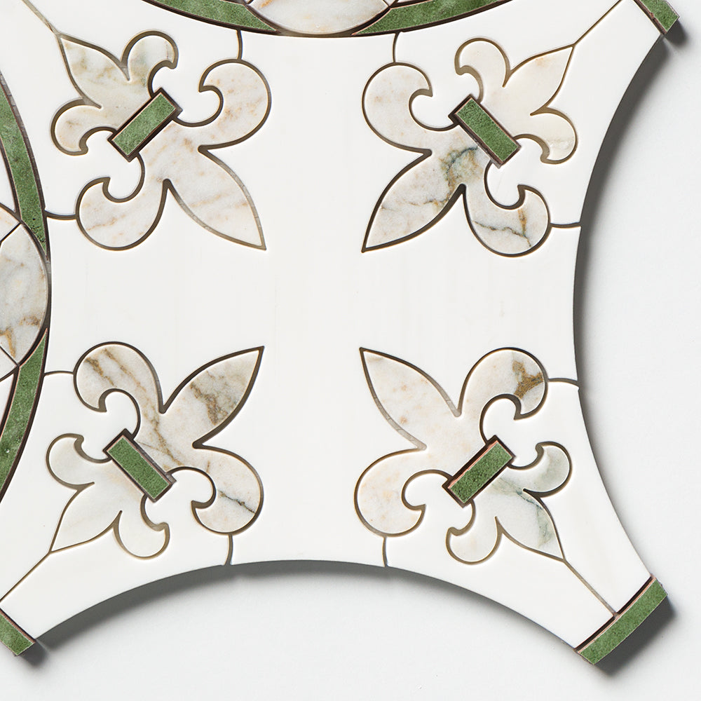 Calacatta Green, Snow White, Gunmetal Polished Quincy Waterjet Marble Mosaics 15×16 11/16 (WUM08004)