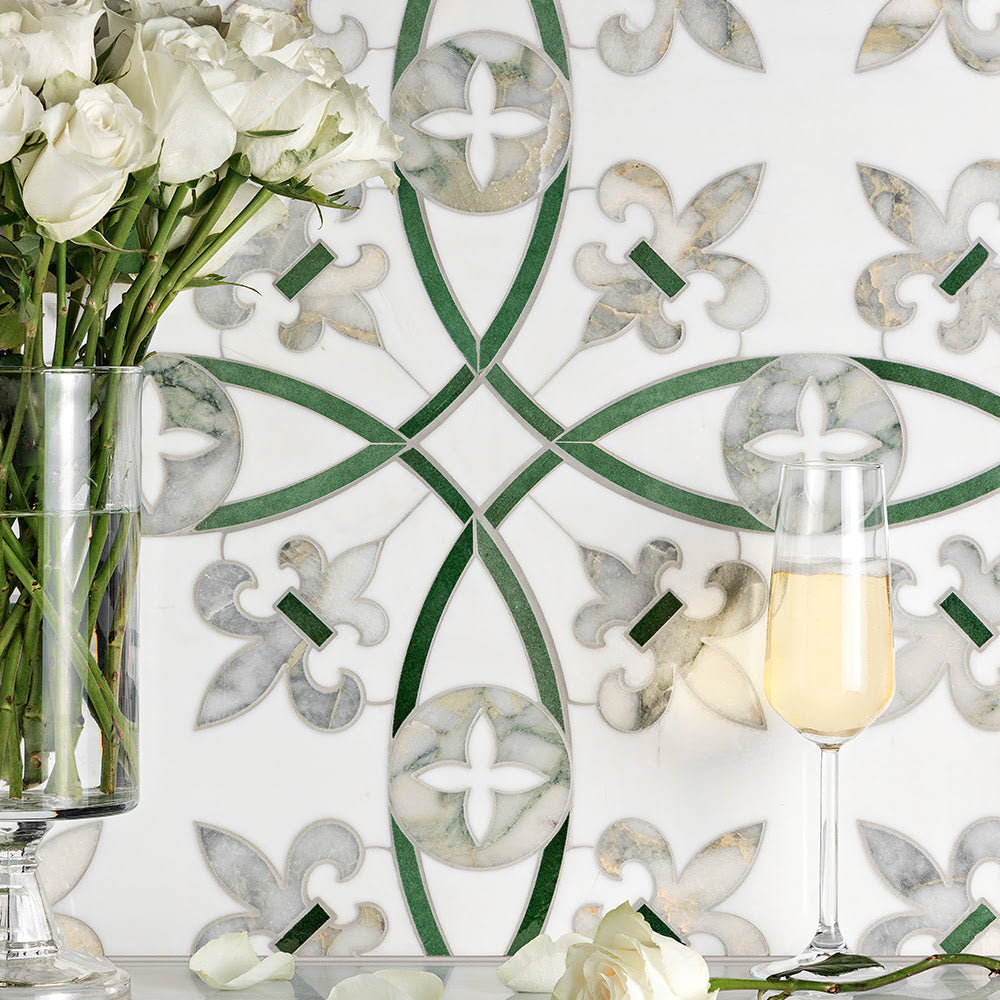 Quincy Calacatta Green, Snow White, E1620 Polished Marble Waterjet Decos 15×16 11/16 (WUM08004)