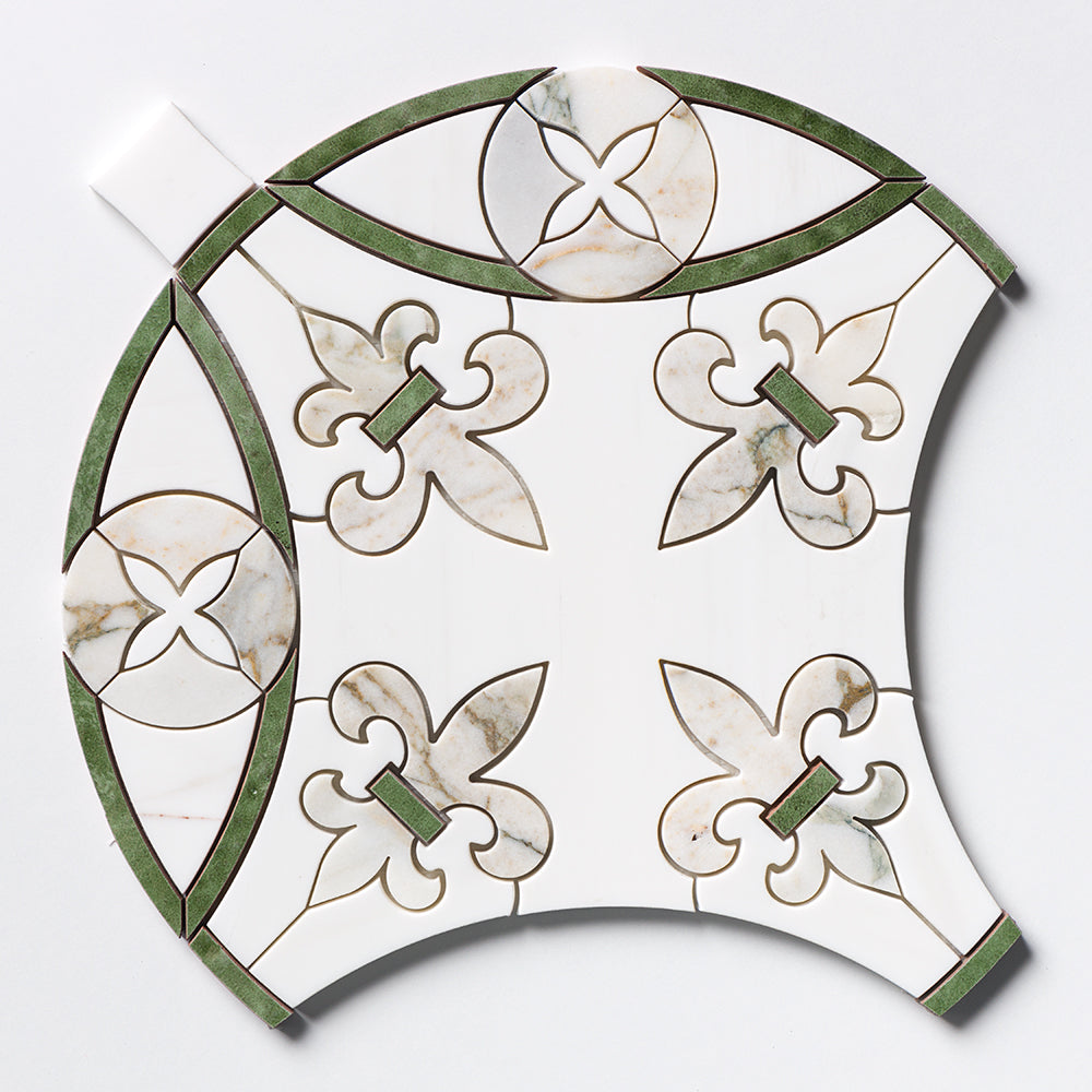 Quincy Calacatta Green, Snow White, E1620 Polished Marble Waterjet Decos 15Γ16 11/16 Image
