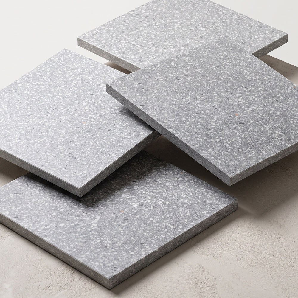 Marble Systems Venetian Style Terrazzo Tile Steel matte terrazzo tile pattern design — available at Surface Group