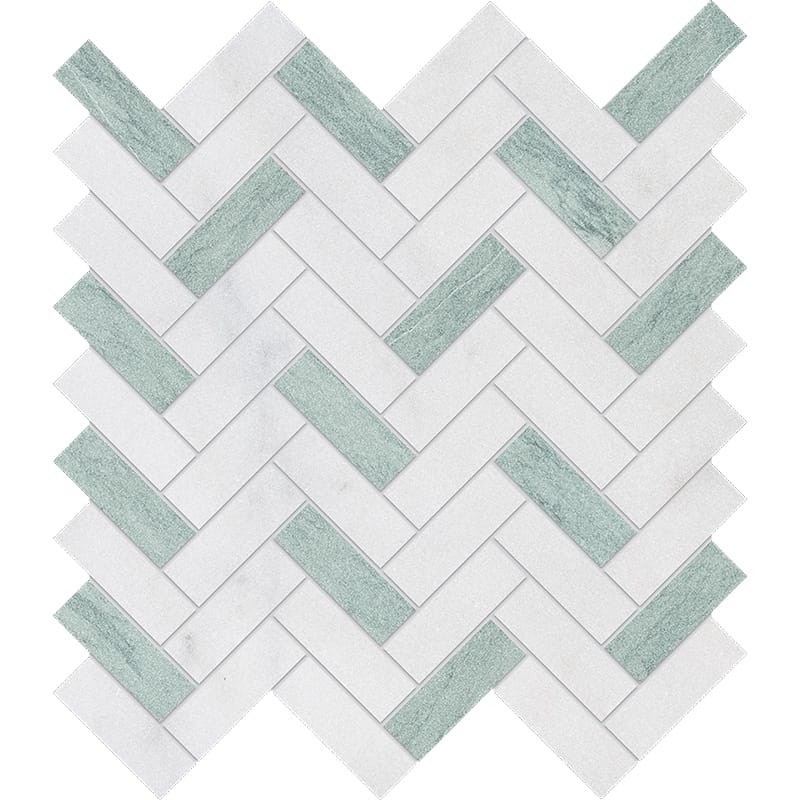 Verde Capri, Avalon Textured Herringbone 5/8×2 Marble Mosaics 12 1/8×13 3/8