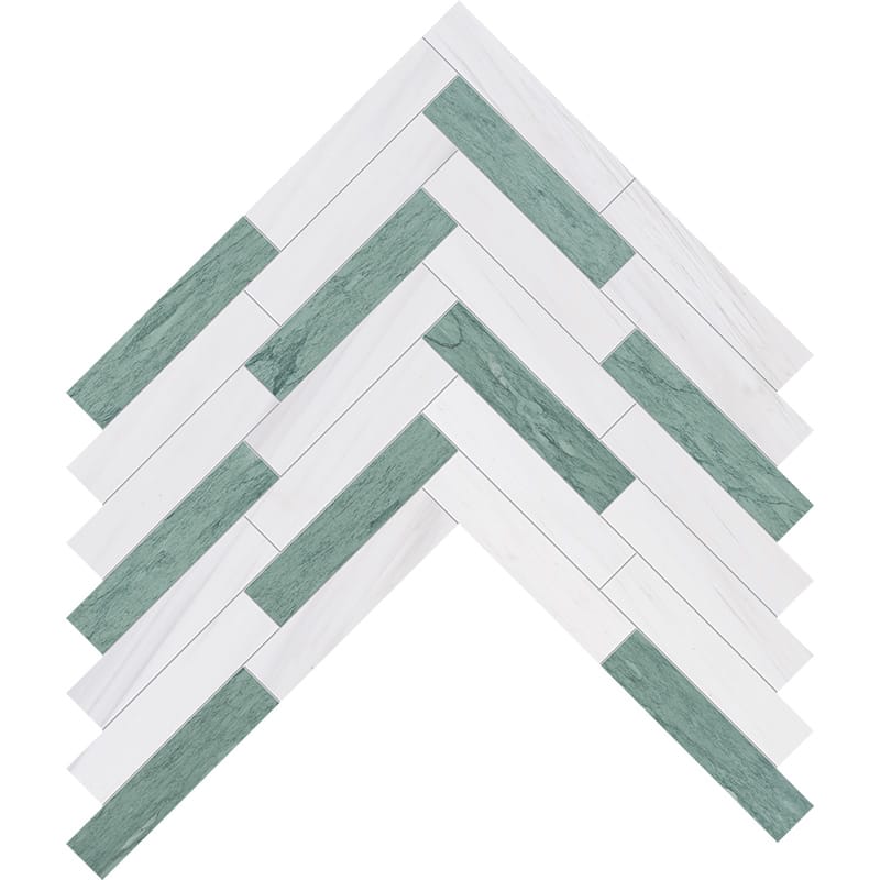 Verde Capri, Snow White Honed Large Herringbone Marble Mosaic 12 7/8×8 9/16 Image