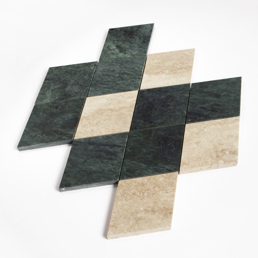Roman Travertine, Verde Lucia Honed Almas Marble Mosaics 10Γ10 1/2 (YNR90489)