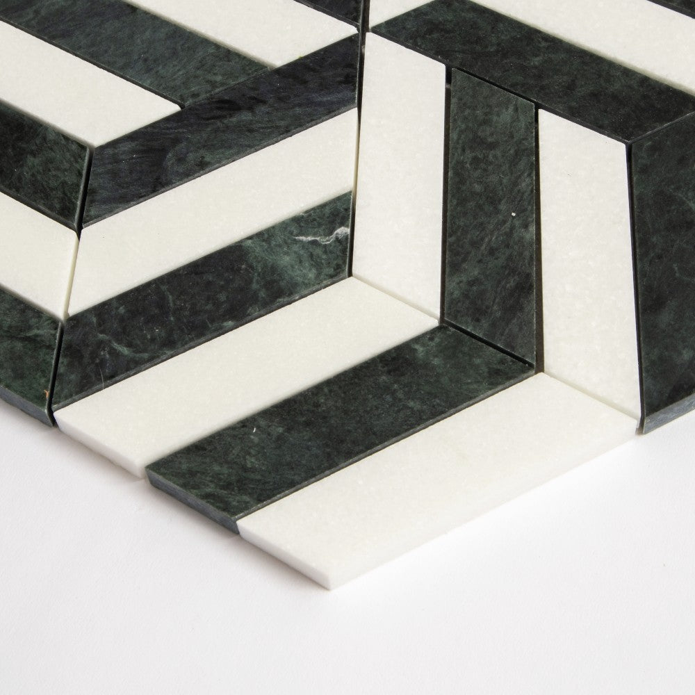 Thassos, Verde Lucia Honed Windmill Marble Mosaics 10 3/16×11 3/4 (NW90838)