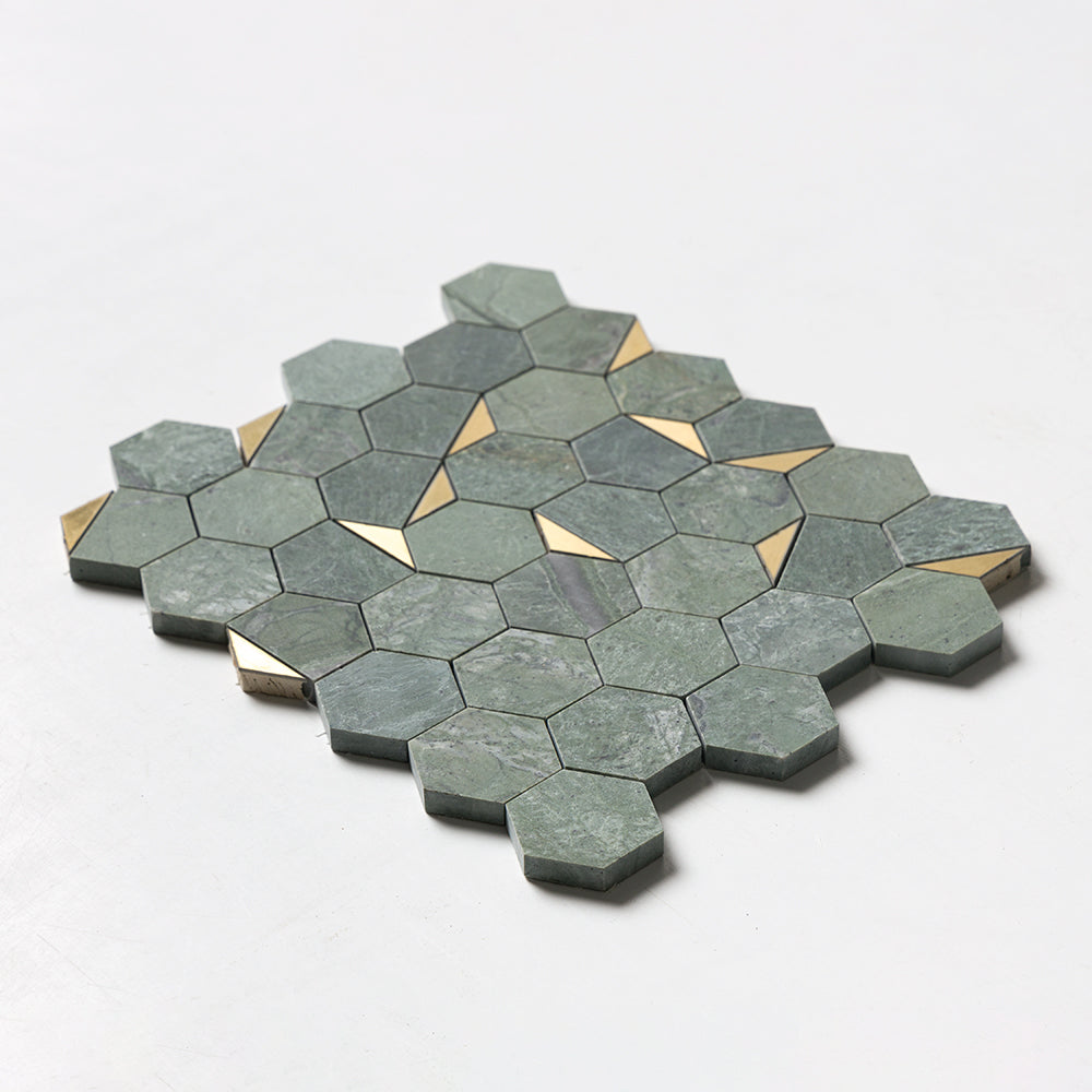 Brass, Verde Tia Honed Hexagon 2 Waterjet Marble Mosaics 10 1/4Γ11 3/4 (NW00173)