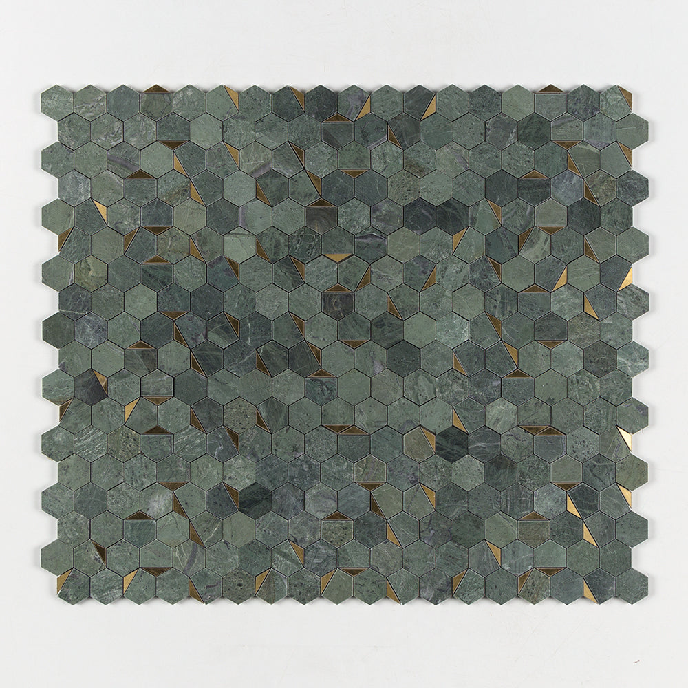 Marble Systems Verde Tia Marble Green matte brass tile pattern swatch — available at Surface Group
