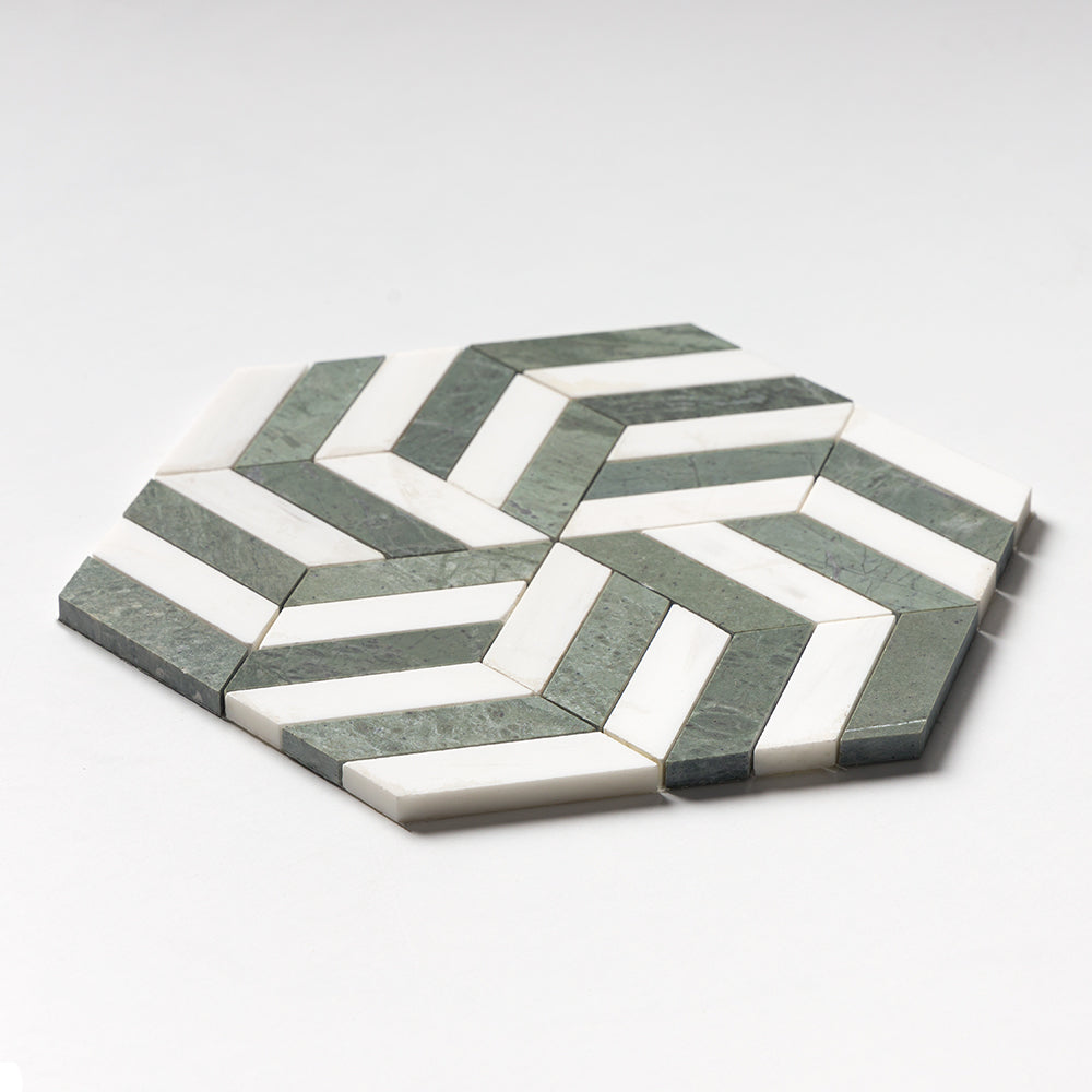 Snow White, Verde Tia Honed Windmill Waterjet Marble Mosaics 11 3/4Γ13 9/16 (NW00172)