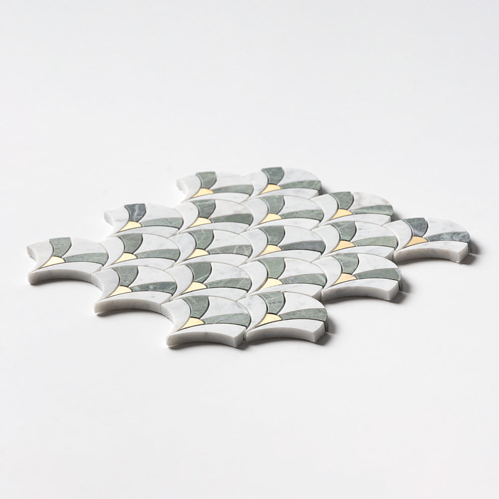 White Carrara, Brass, Verde Tia Honed Sensu Marble Mosaics 3 5/8Γ3 7/8 (YNR10178)