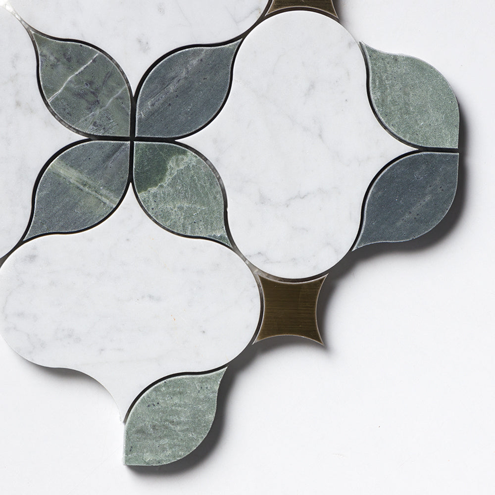 White Carrara, Brass, Verde Tia Honed Lily Marble Mosaics 9 7/16Γ9 7/16 (YNR10179)