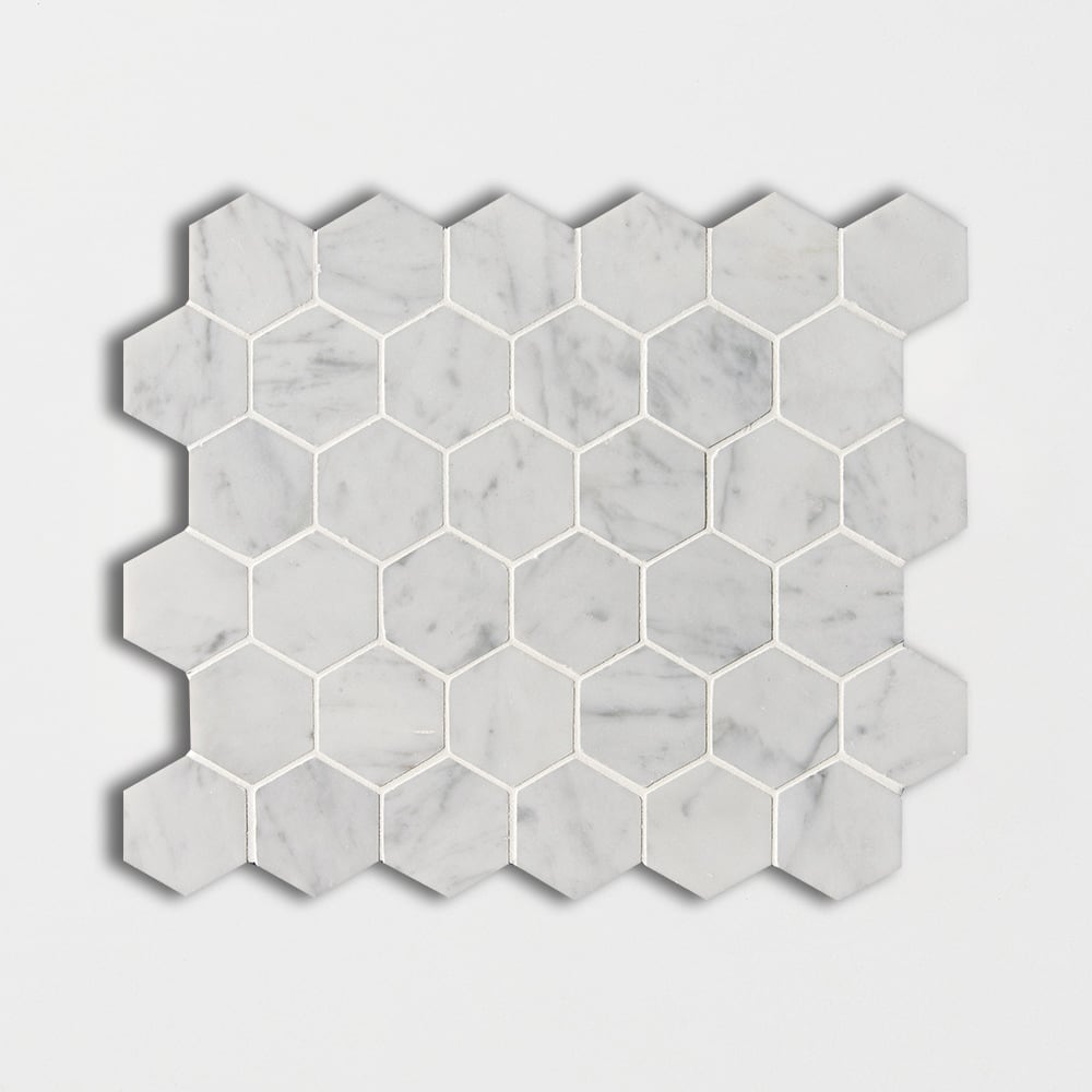 White Carrara C Polished Hexagon Marble Mosaic 12×12 Image