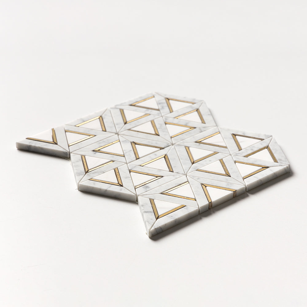 White Carrara, Brass Honed Trillium Waterjet Marble Mosaics 10 3/16Γ11 13/16 (NW00174)