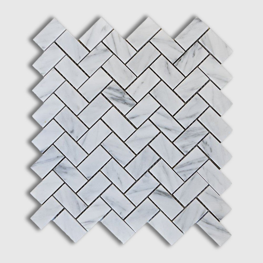 White Carrara Polished Herringbone Marble Mosaic 12 1/8Γ13 3/8 Image