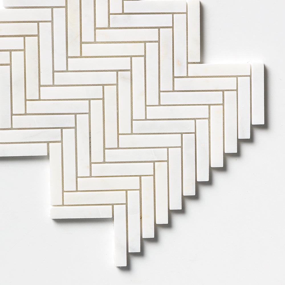 White Pearl Honed Herringbone 5/8×3 Marble Mosaics 10 7/16×12 13/16 (MS02581)