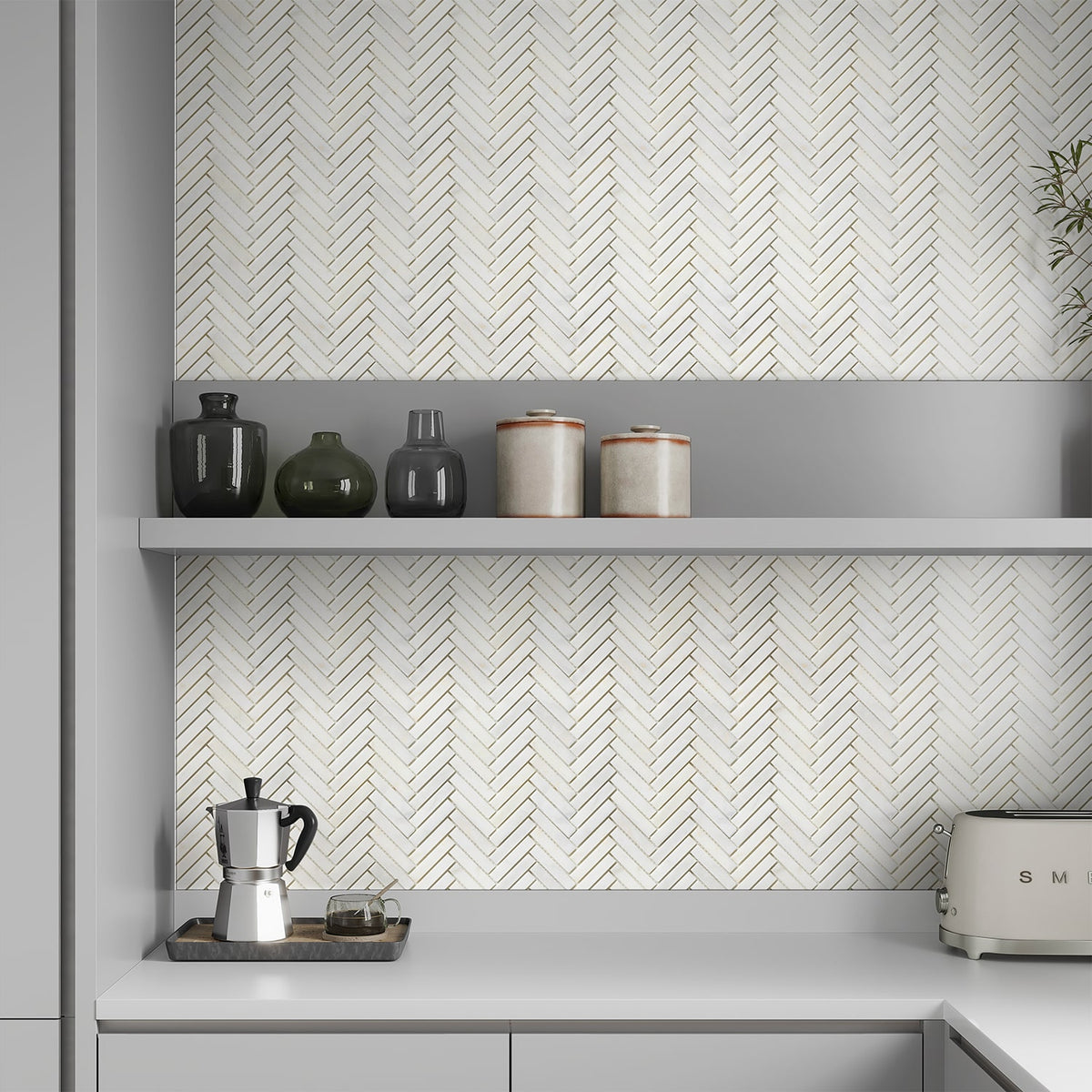 White Pearl Honed Herringbone 5/8×3 Marble Mosaics 10 7/16×12 13/16 (MS02581)