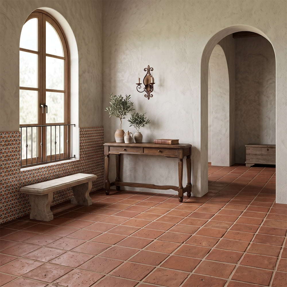 Rustic Terracotta Tile 12×12 (calibrated) (TL91365) Zuni 2 Square 1/2 Glazed Terracotta Tiles 6×6 (TL80208)