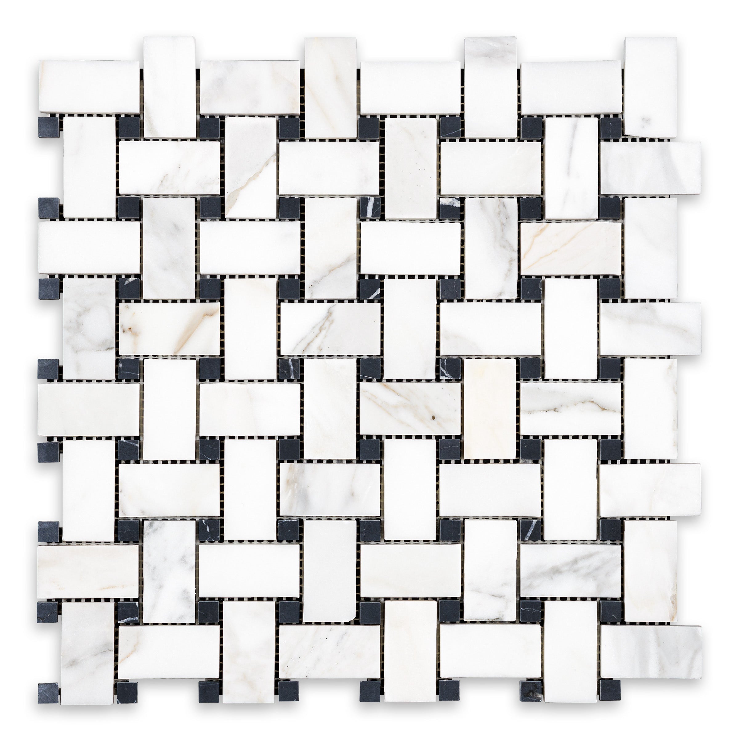 CALACATTA GOLD: Marble Black Dot Basketweave Mosaic (12"x12"x3/8" | Honed)