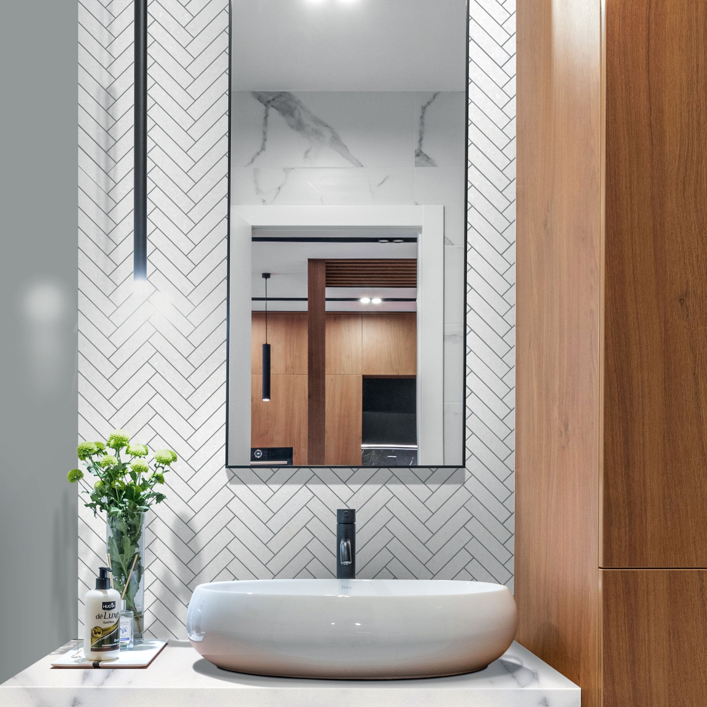 THASSOS WHITE: Marble 5/8"x1-1/4" Herringbone Mosaic (11 3/8"x11 3/8"x3/8" | Polished)