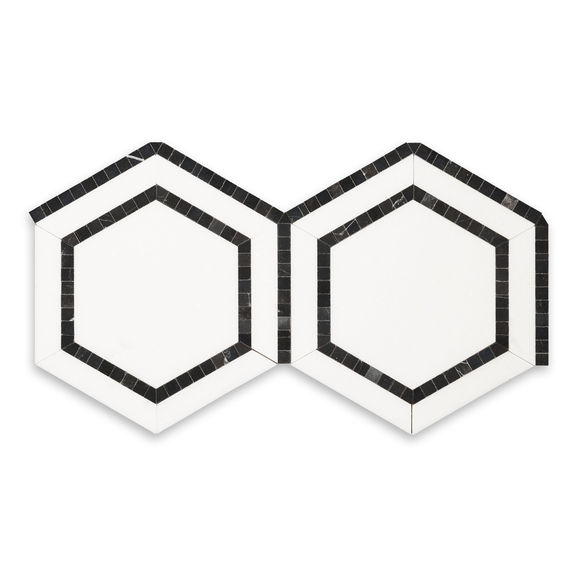 THASSOS WHITE: Marble Black Frame 5" Hexagonal Mosaic (6 3/4"x15 3/8"x3/8" | Honed)