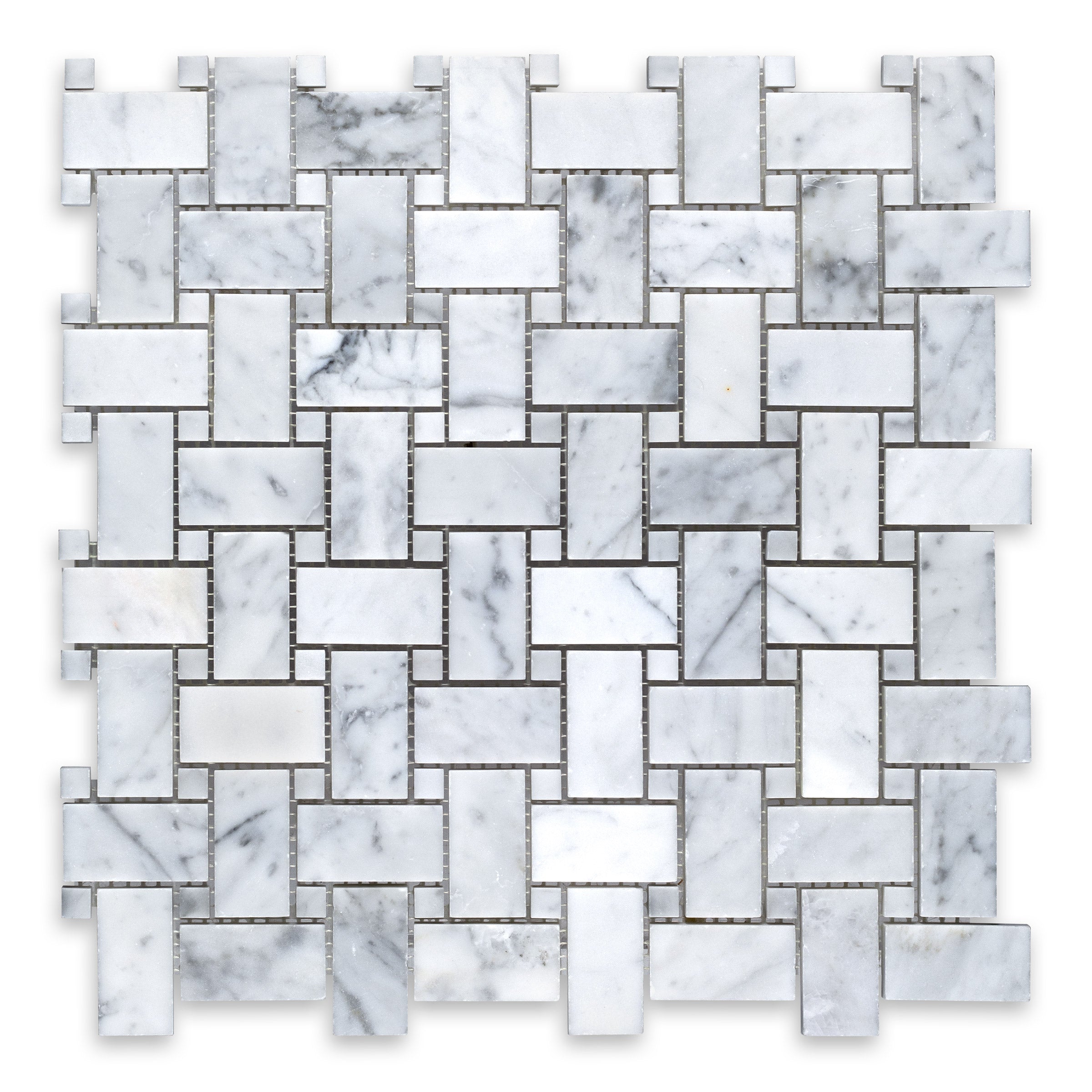 WHITE CARRARA: Marble White Dot Basketweave Mosaic (12"x12"x3/8" | Honed)