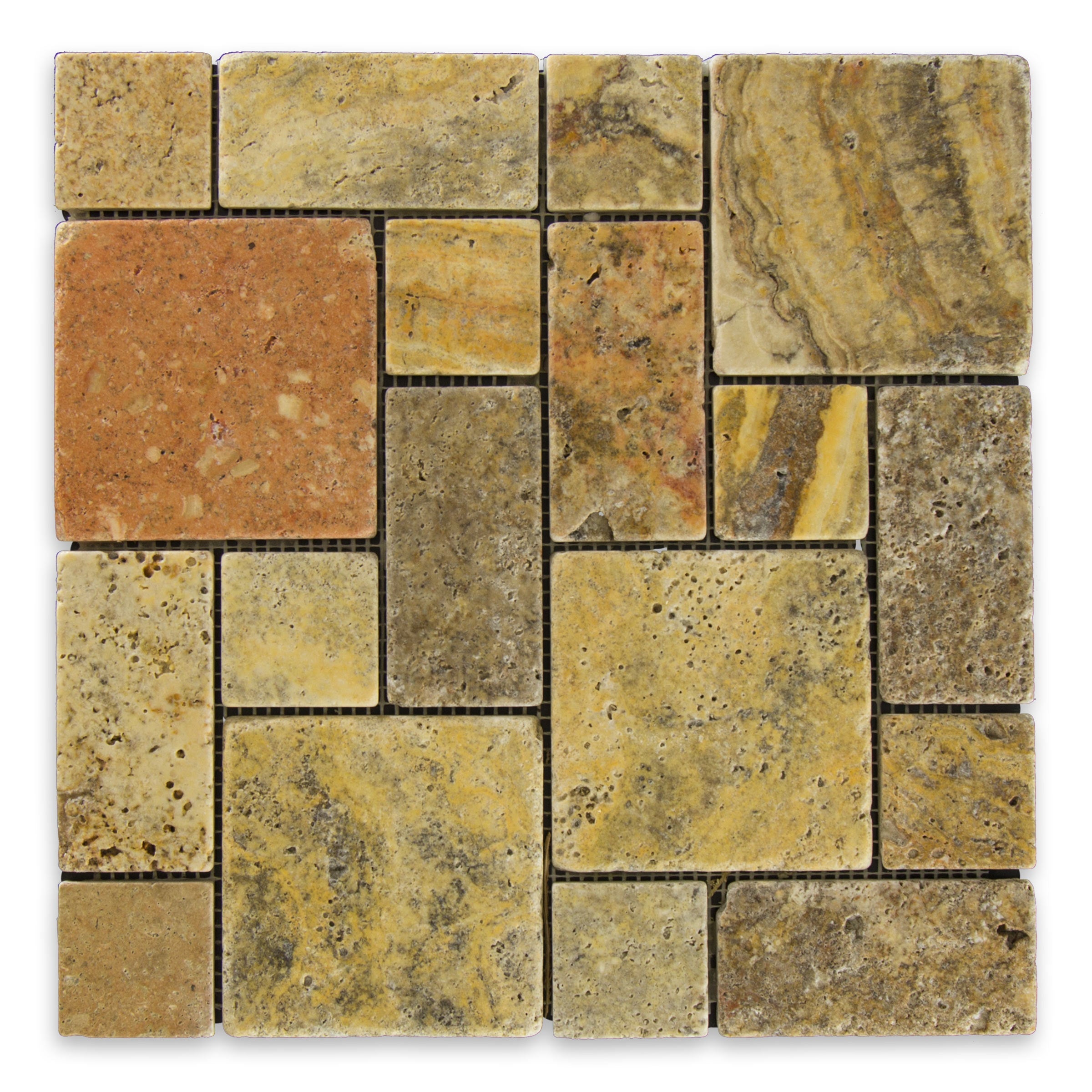 AUTUMN LEAVES: Travertine Mini Versailles Mosaic (12"x12"x3/8" | Tumbled)