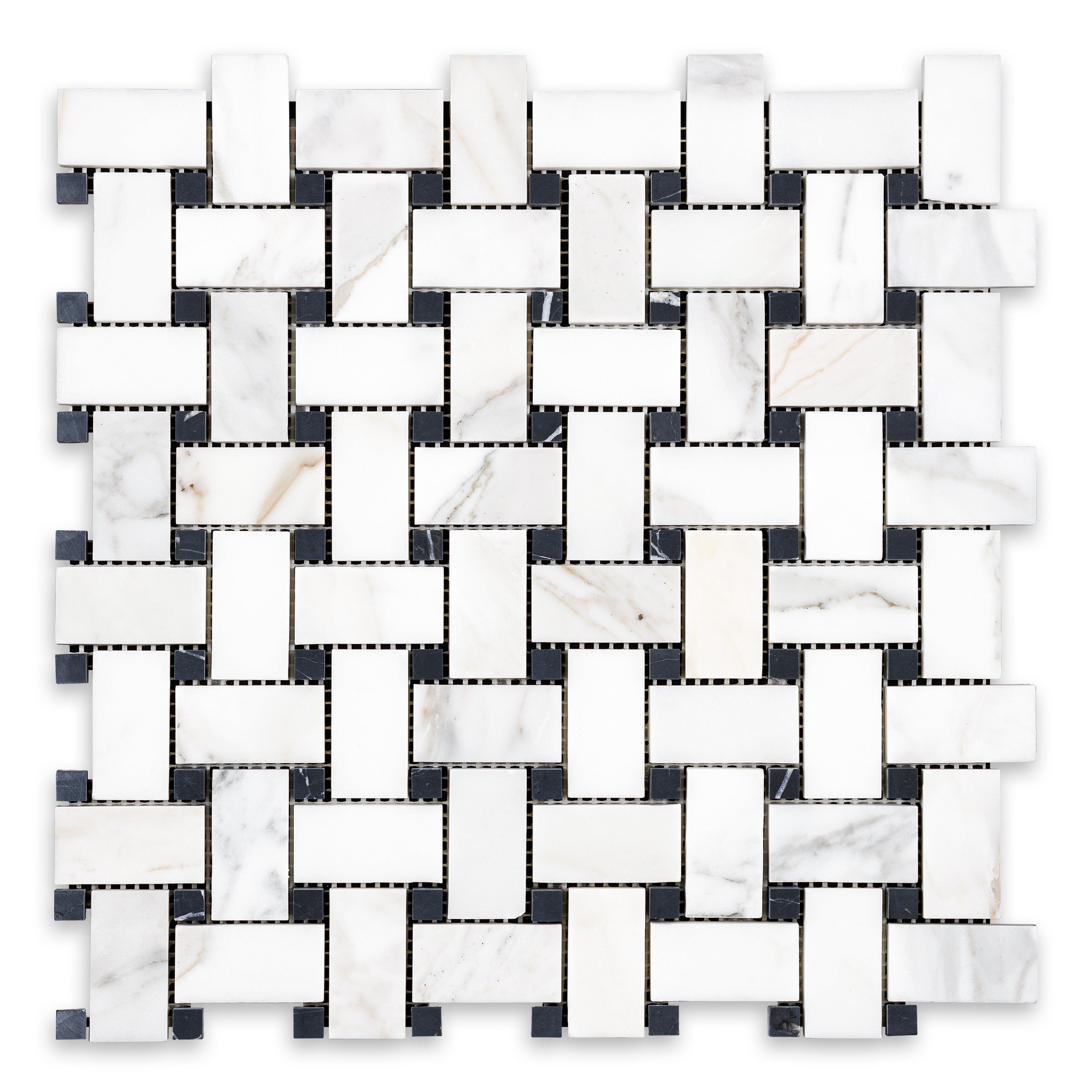 CALACATTA GOLD: Black Dot Basketweave Mosaic (12"×12"×3/8" | honed)
