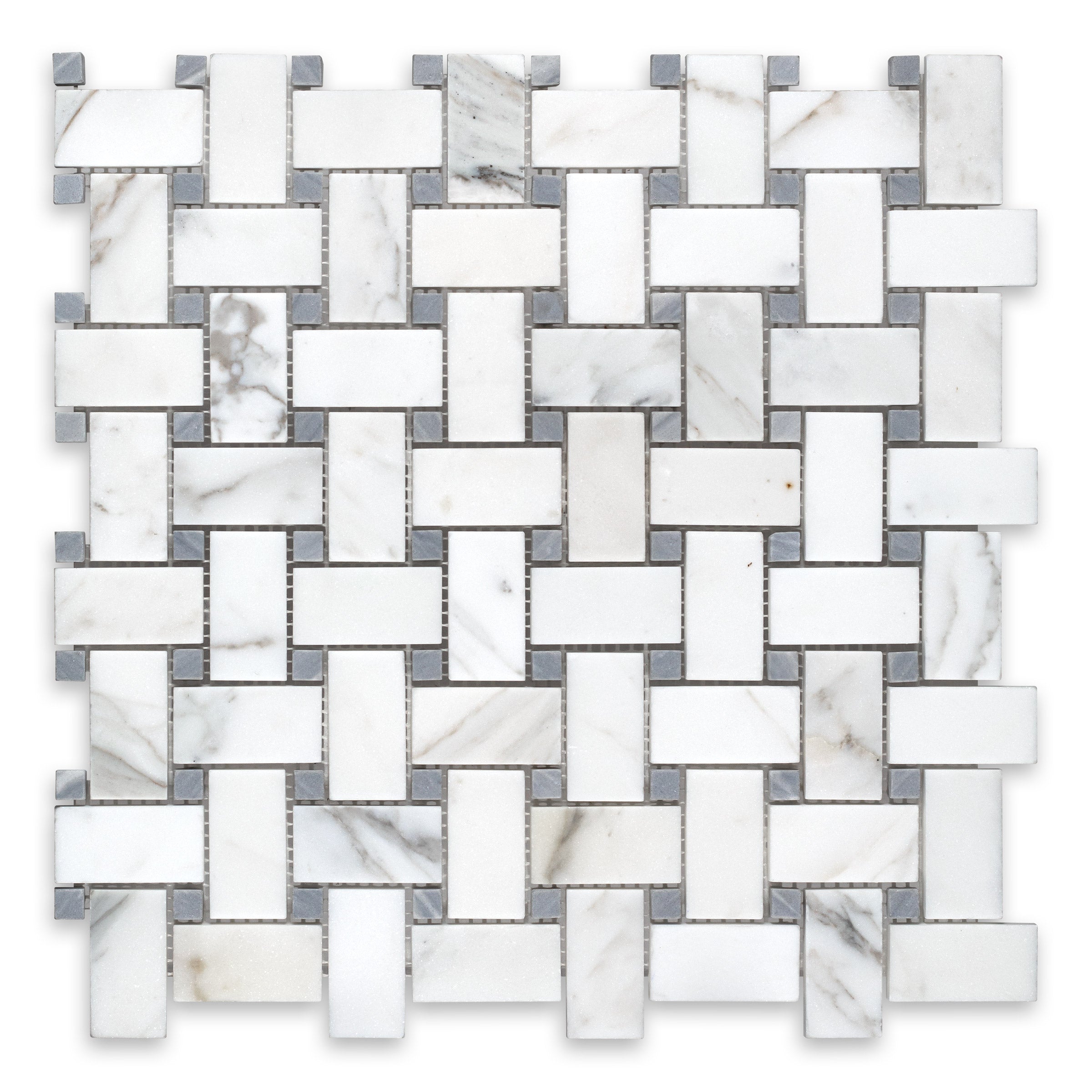 CALACATTA GOLD: Blue Dot Basketweave Mosaic (12"×12"×3/8" | honed)
