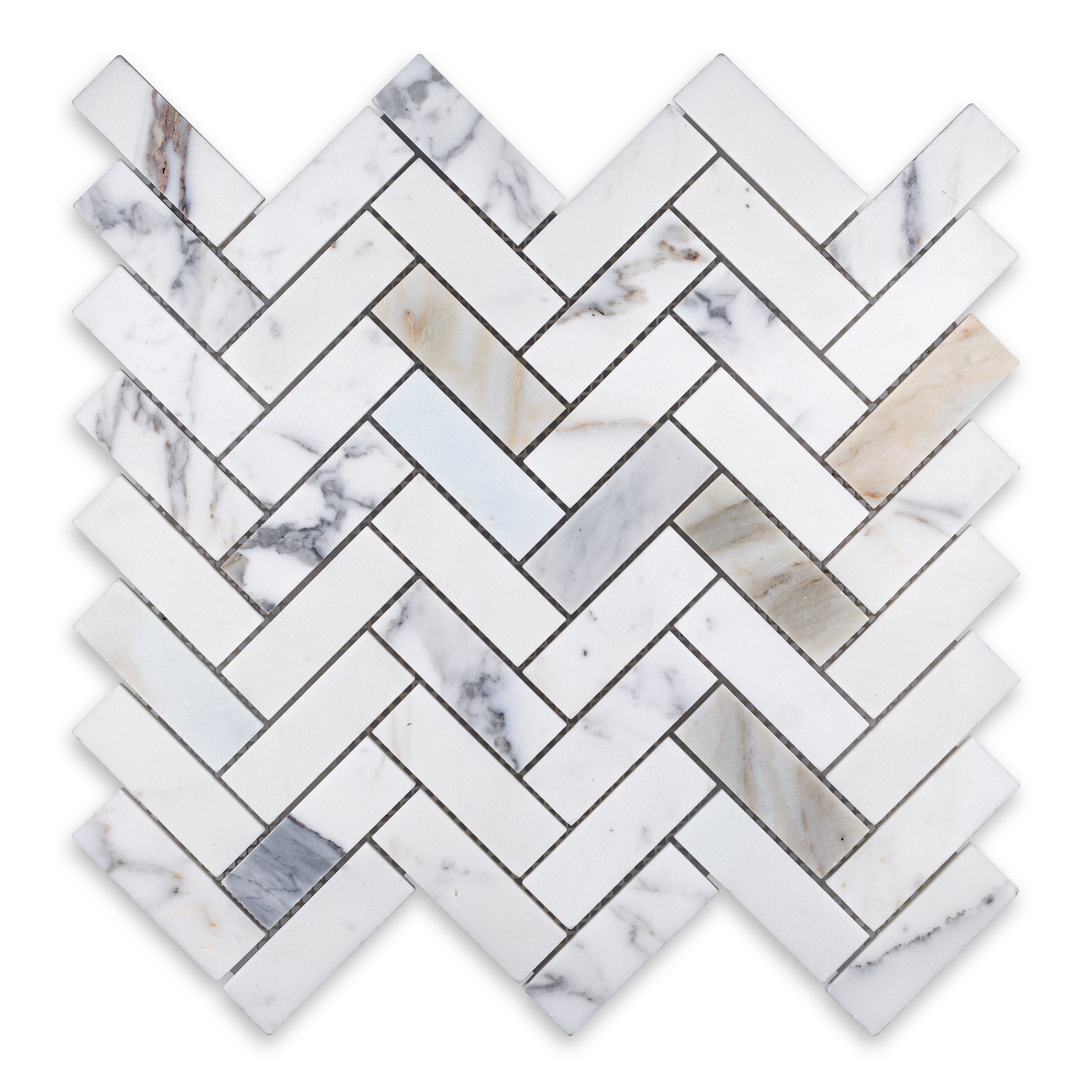 CALACATTA GOLD: 1" x 3" Herringbone Mosaic (12"×12 7/8"×3/8" | honed)