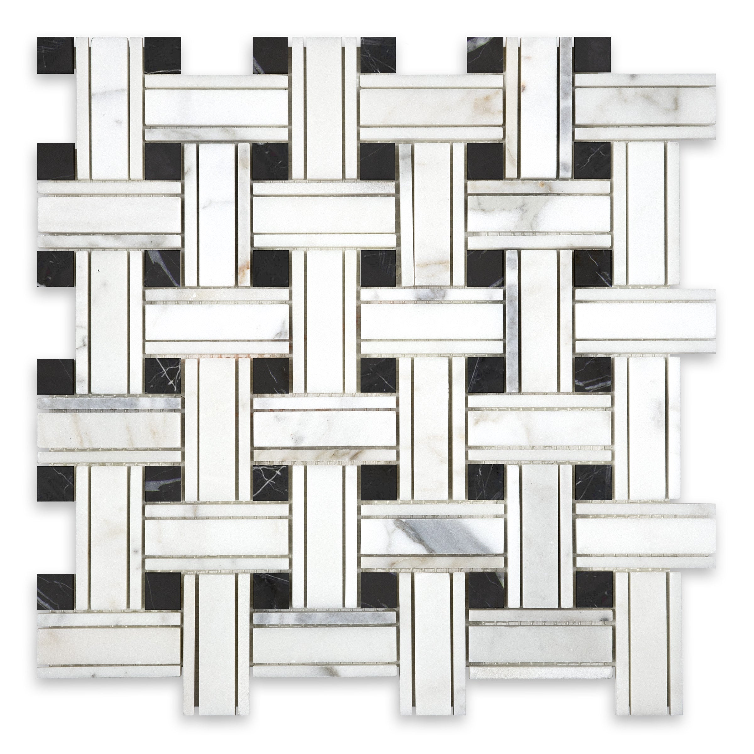CALACATTA GOLD: Tripleweave Black Dot Basketweave Mosaic (10 3/4"×10 3/4"×3/8" | honed)