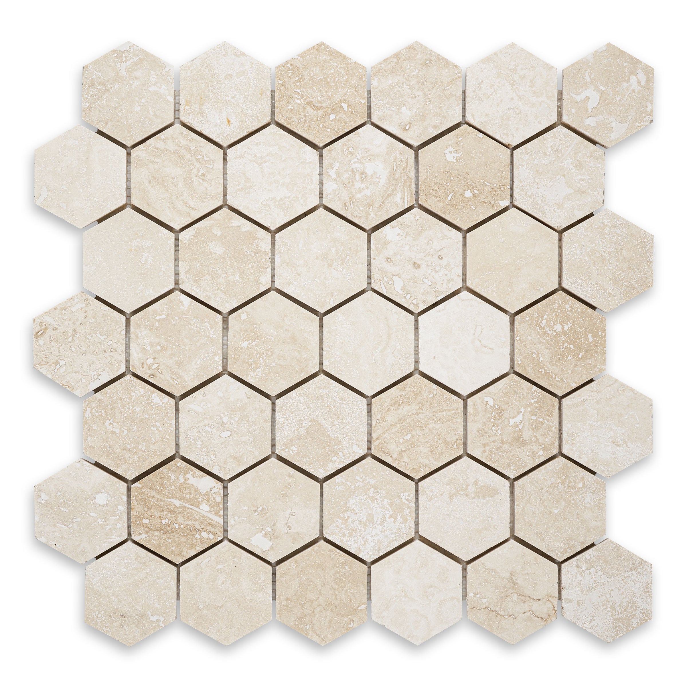 IVORY PREMIUM: Hexagonal Mosaic (12"×12"×3/8" | filled & honed)