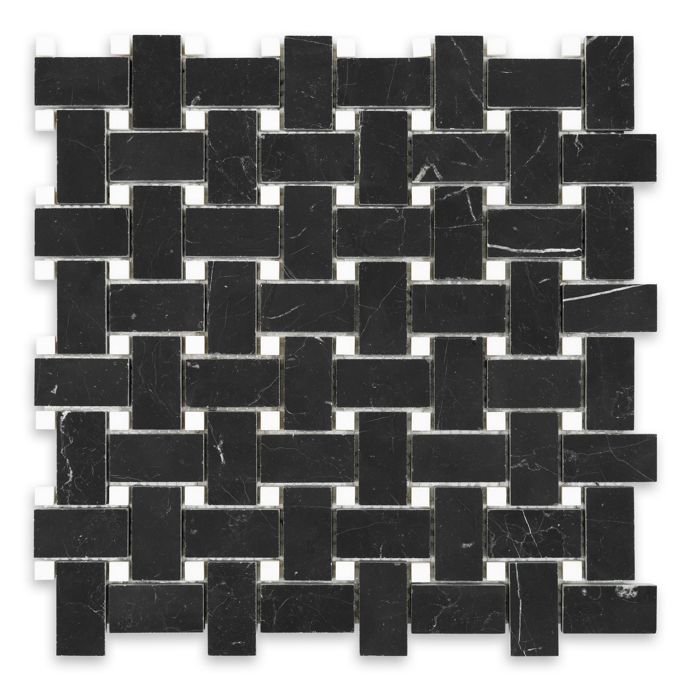 NEGRO MARQUINA: White Dot Basketweave Mosaic (12"×12"×3/8" | polished)