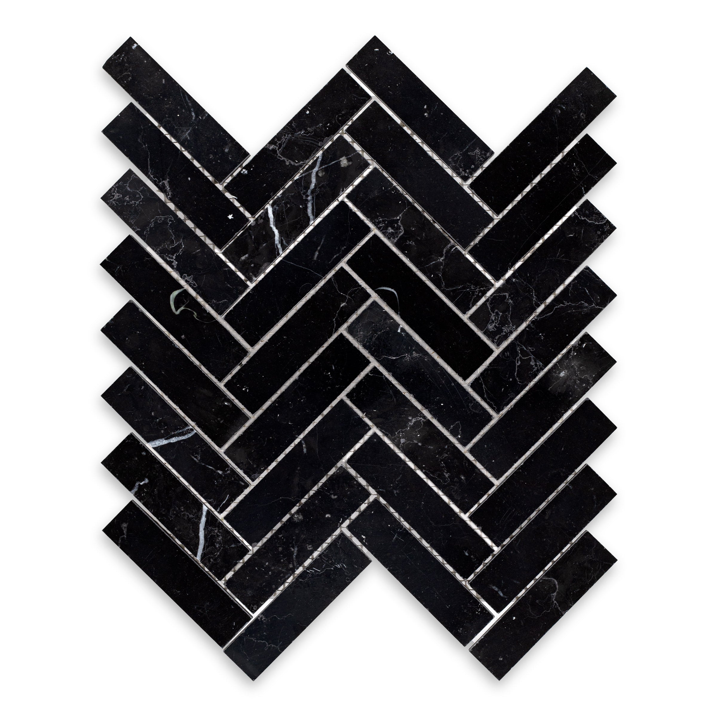 NEGRO MARQUINA: 1" x 4" Herringbone Mosaic (11 1/8"×12"×3/8" | polished)