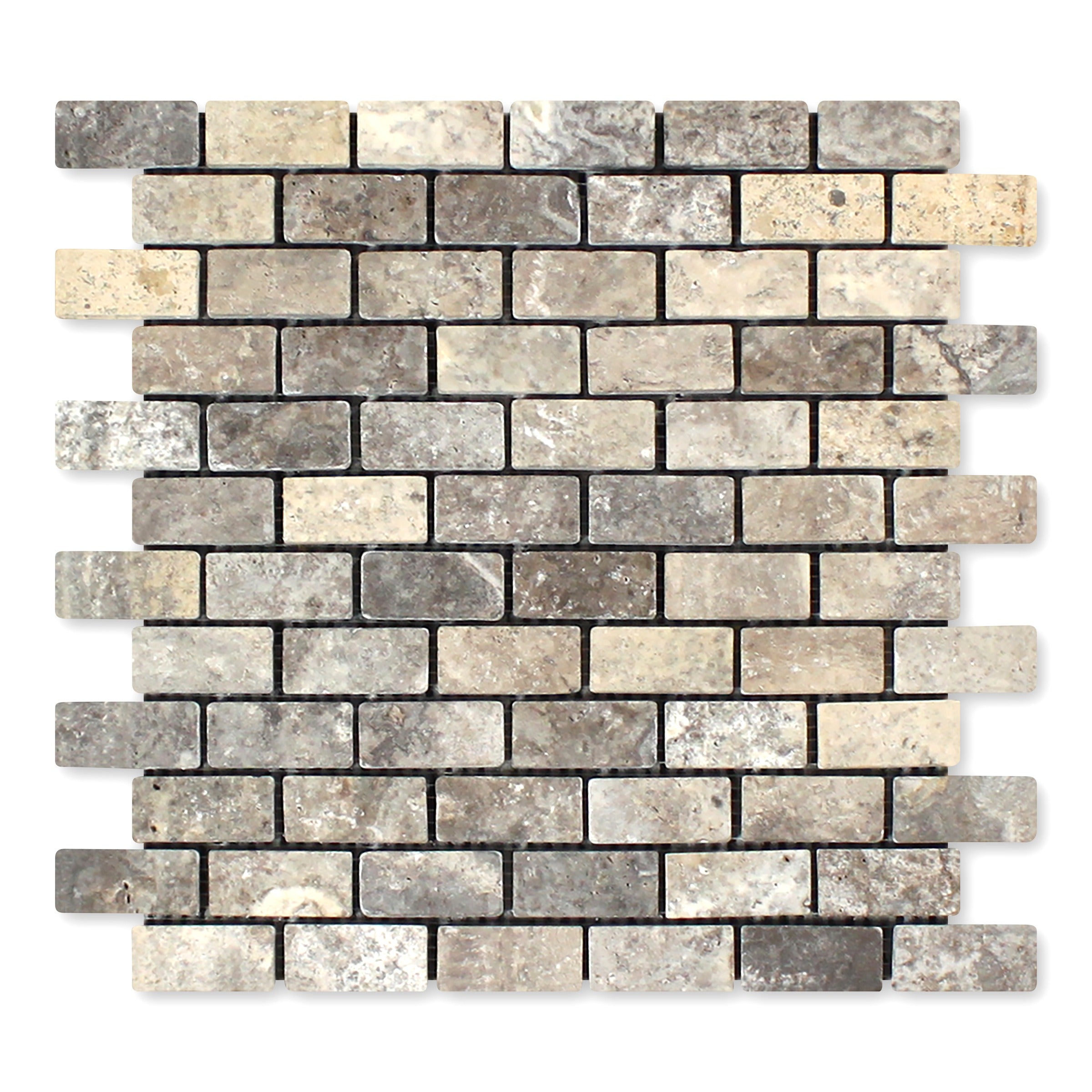 SILVER PREMIUM: 1" x 2" Brick Offset Mosaic (12"×12"×3/8" | tumbled)