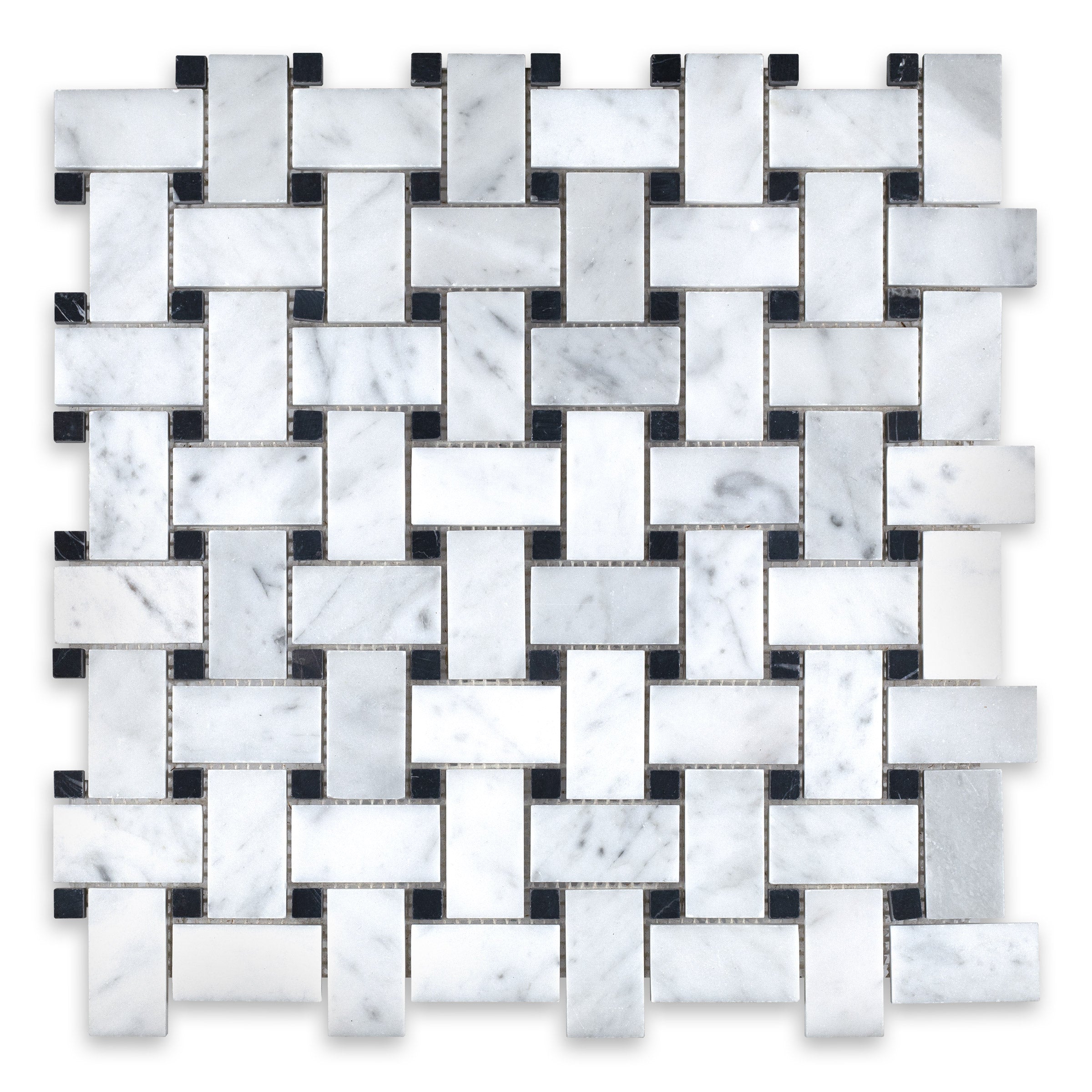 WHITE CARRARA: Black Dot Basketweave Mosaic (12"×12"×3/8" | polished)